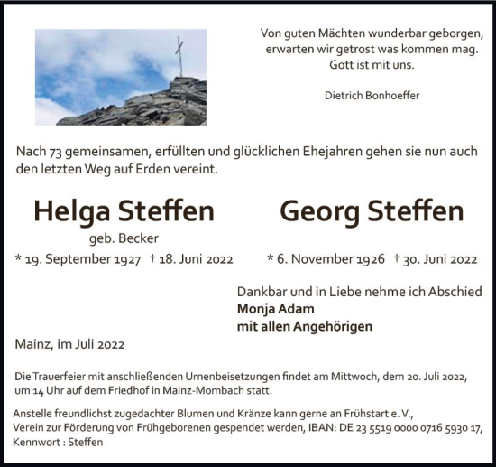 Traueranzeige von Georg Steffen von vrm-trauer Allgemeine Zeitung Alzey