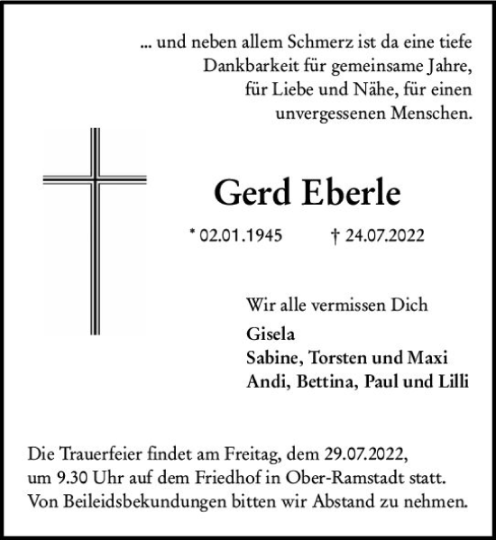Traueranzeige von Gerd Eberle von vrm-trauer Darmstädter Echo