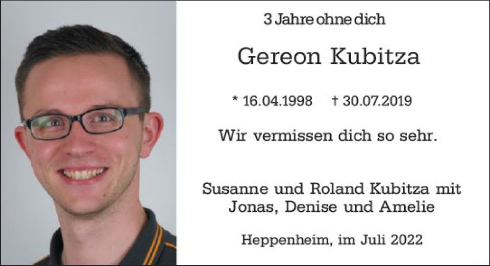  Traueranzeige für Gereon Kubitza vom 30.07.2022 aus vrm-trauer Bürstädter/Lamperth. Ztg/Starkenburger