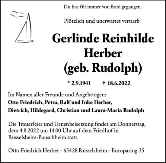 Traueranzeige von Gerlinde Reinhilde Herber von vrm-trauer Rüsselsheimer Echo / MainSpitze