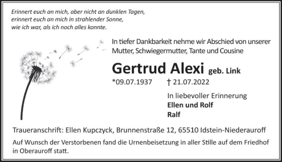 Traueranzeige von Gertrud Alexi von vrm-trauer Idsteiner Zeitung