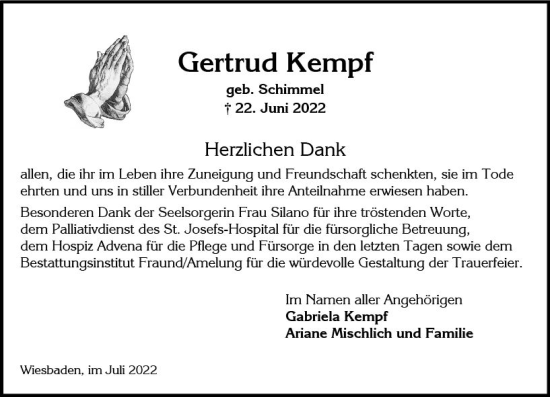 Traueranzeige von Gertrud Kempf von vrm-trauer Wiesbadener Kurier