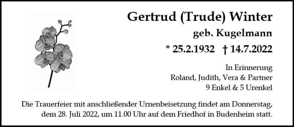  Traueranzeige für Gertrud Winter vom 23.07.2022 aus vrm-trauer AZ Mainz
