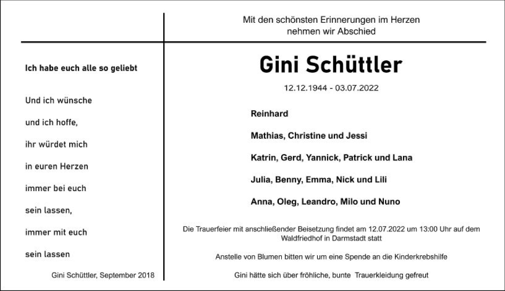  Traueranzeige für Gini Schüttler vom 09.07.2022 aus vrm-trauer Darmstädter Echo
