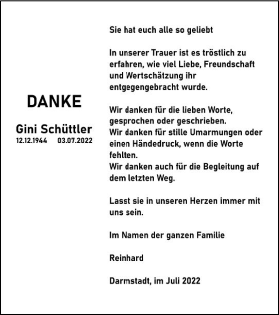 Traueranzeige von Gini Schüttler von vrm-trauer Darmstädter Echo