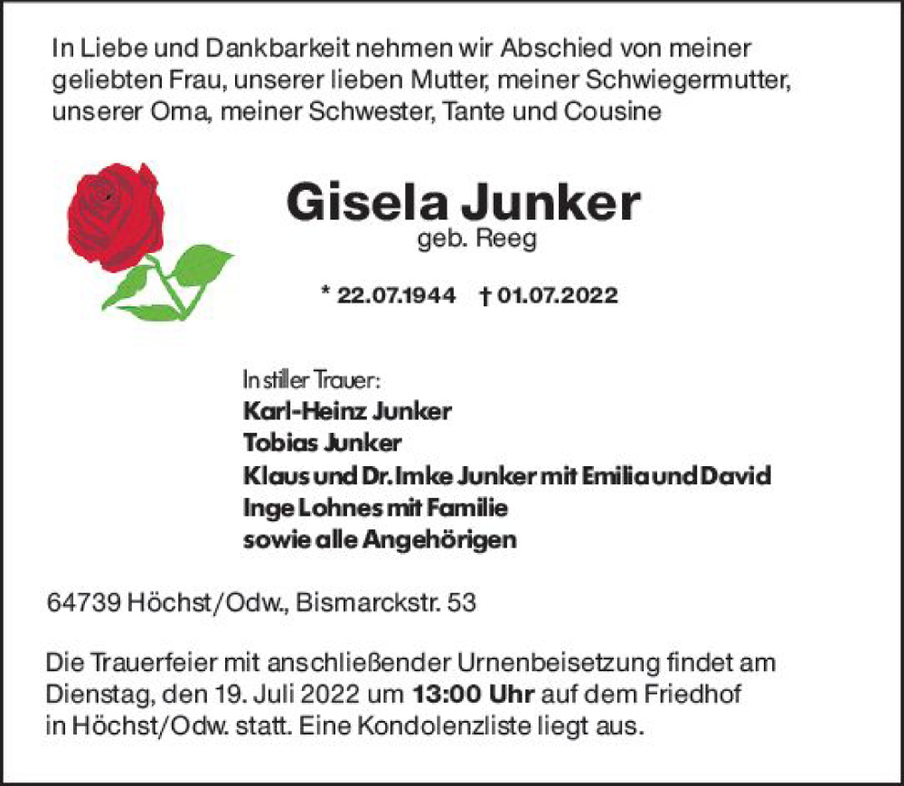  Traueranzeige für Gisela Junker vom 16.07.2022 aus vrm-trauer Odenwälder Echo
