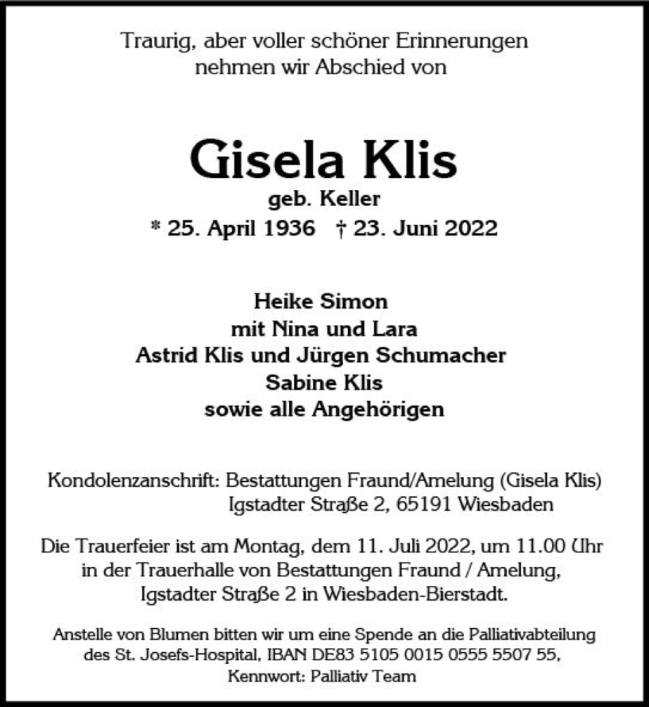  Traueranzeige für Gisela Klis vom 02.07.2022 aus vrm-trauer Wiesbadener Kurier