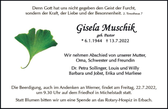 Traueranzeige von Gisela Muschik von vrm-trauer Odenwälder Echo