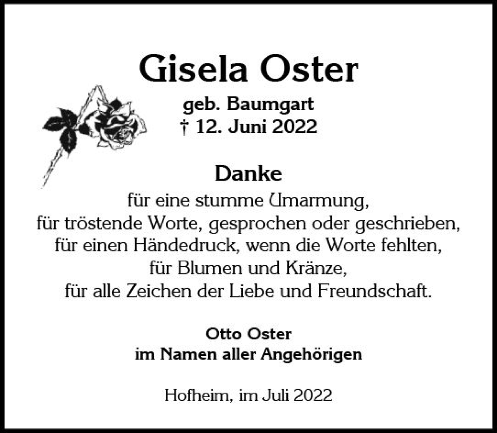  Traueranzeige für Gisela Oster vom 09.07.2022 aus vrm-trauer Wiesbadener Kurier
