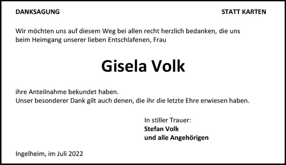  Traueranzeige für Gisela Volk vom 16.07.2022 aus vrm-trauer Allgemeine  Zeitung Ingelheim-Bingen