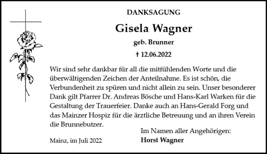 Traueranzeige von Gisela Wagner von vrm-trauer AZ Mainz