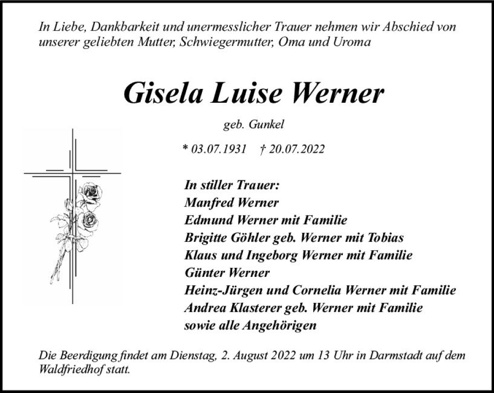  Traueranzeige für Gisela Luise Werner vom 30.07.2022 aus vrm-trauer Darmstädter Echo