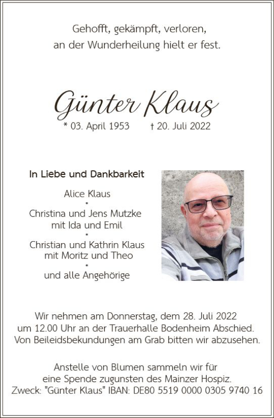 Traueranzeige von Günter Klaus von vrm-trauer Allgemeine  Zeitung Ingelheim-Bingen