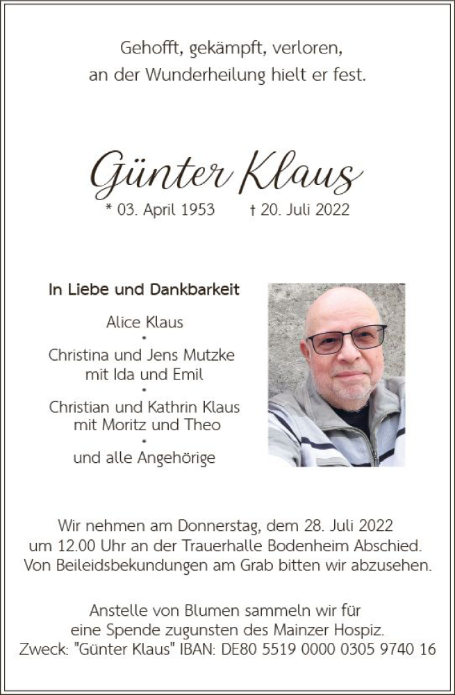  Traueranzeige für Günter Klaus vom 23.07.2022 aus vrm-trauer Allgemeine  Zeitung Ingelheim-Bingen