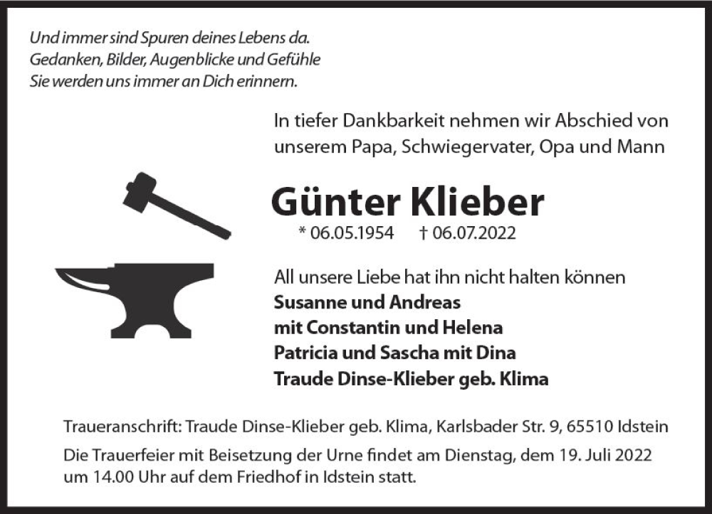  Traueranzeige für Günter Klieber vom 19.07.2022 aus vrm-trauer Idsteiner Zeitung
