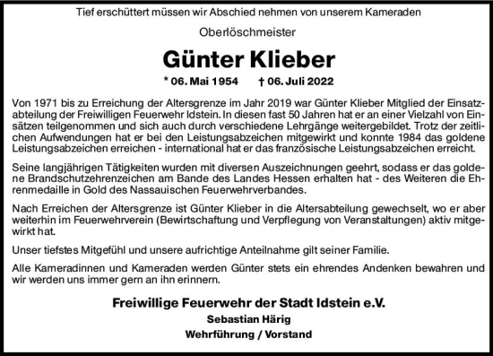 Traueranzeige von Günter Klieber von vrm-trauer Idsteiner Zeitung