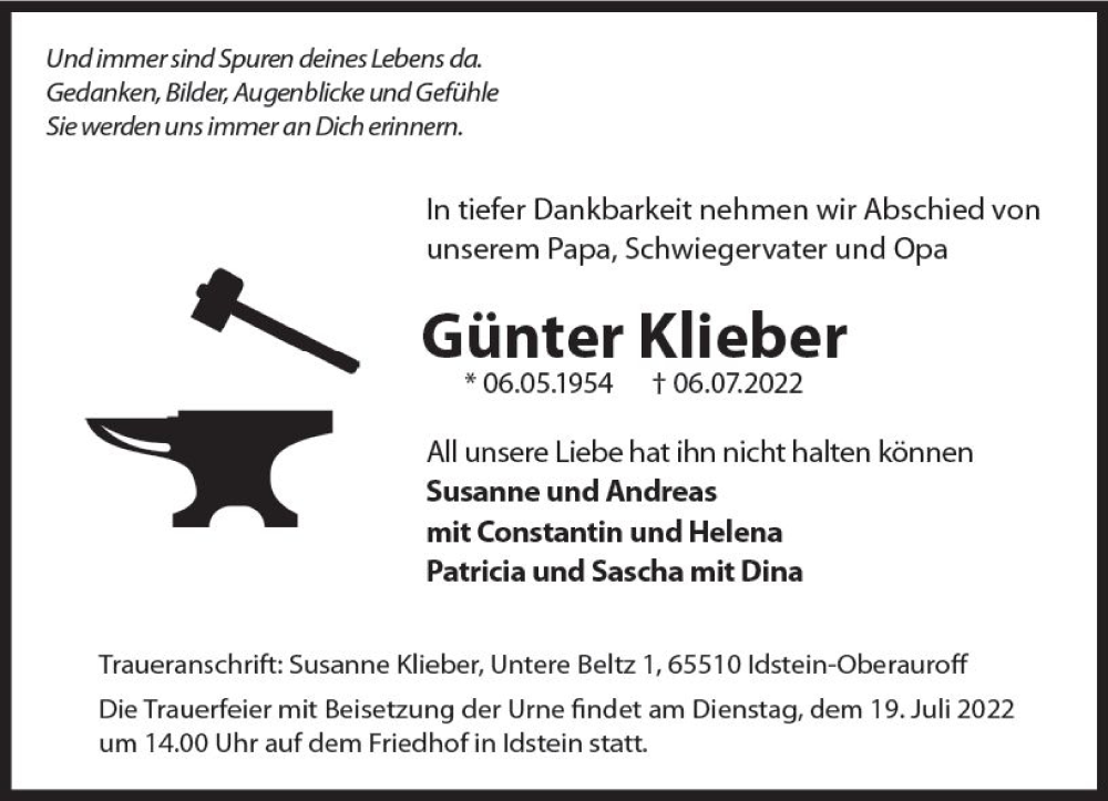  Traueranzeige für Günter Klieber vom 16.07.2022 aus vrm-trauer Idsteiner Zeitung