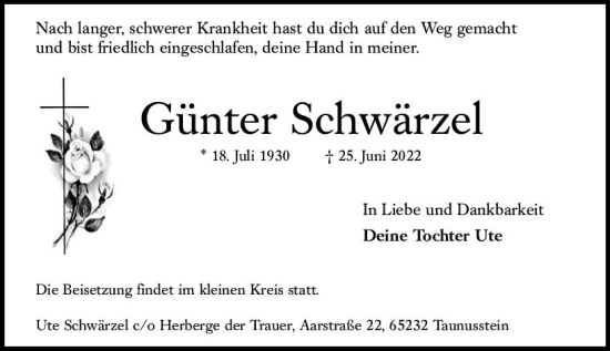Traueranzeige von Günter Schwärzel von vrm-trauer Wiesbadener Kurier