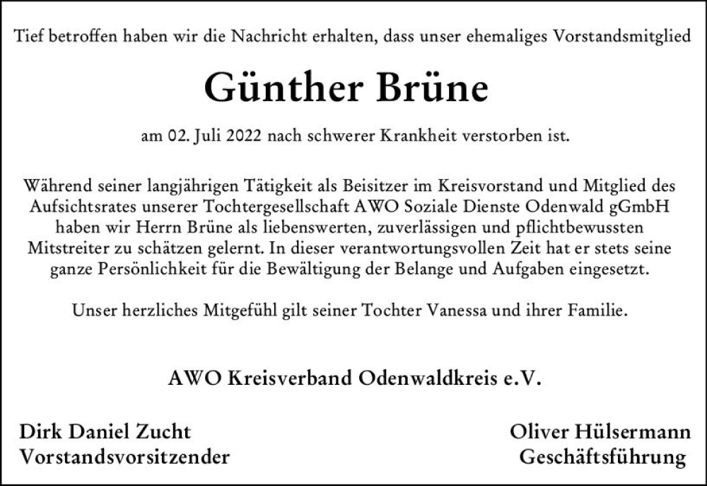  Traueranzeige für Günther Brüne vom 09.07.2022 aus vrm-trauer Odenwälder Echo