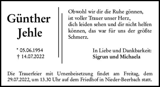 Traueranzeige von Günther Jehle von vrm-trauer Darmstädter Echo