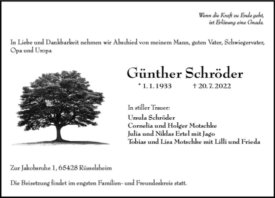 Traueranzeige von Günther Schröder von vrm-trauer Rüsselsheimer Echo / MainSpitze