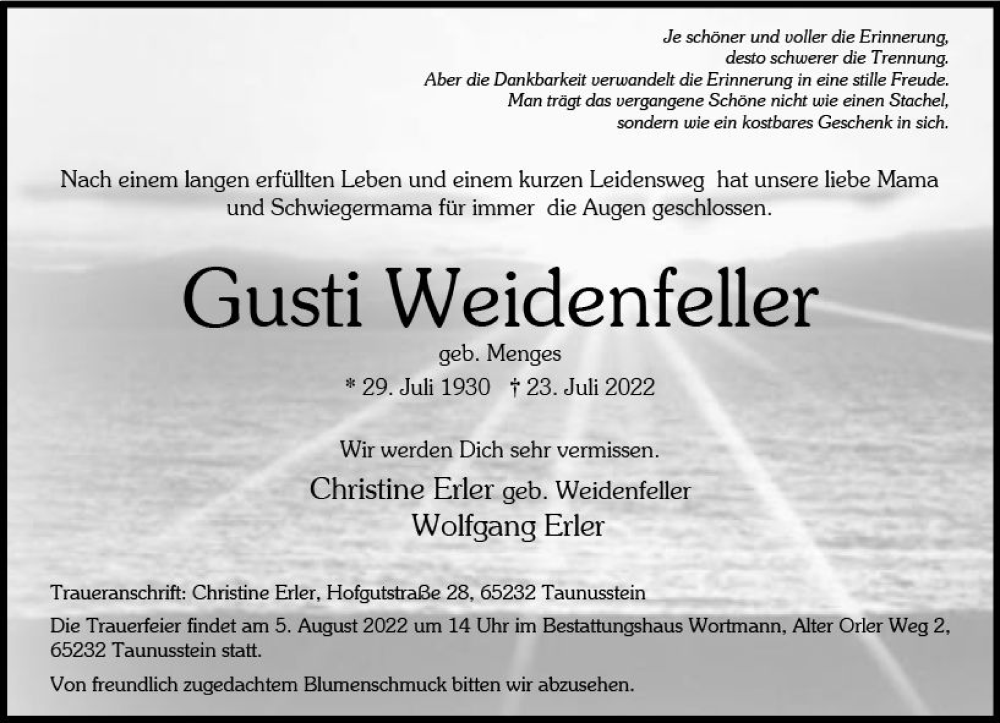  Traueranzeige für Gusti Weidenfeller vom 30.07.2022 aus vrm-trauer Wiesbadener Kurier