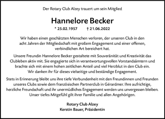 Traueranzeige von Hannelore Becker von vrm-trauer Allgemeine Zeitung Alzey