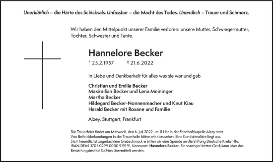 Traueranzeige von Hannelore Becker von vrm-trauer Darmstädter Echo