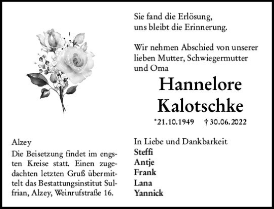 Traueranzeige von Hannelore Kalotschke von vrm-trauer Allgemeine Zeitung Alzey