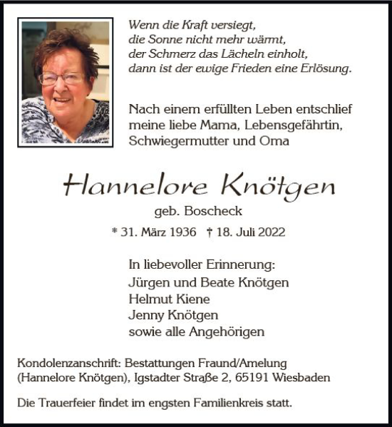 Traueranzeige von Hannelore Knötgen von vrm-trauer Wiesbadener Kurier