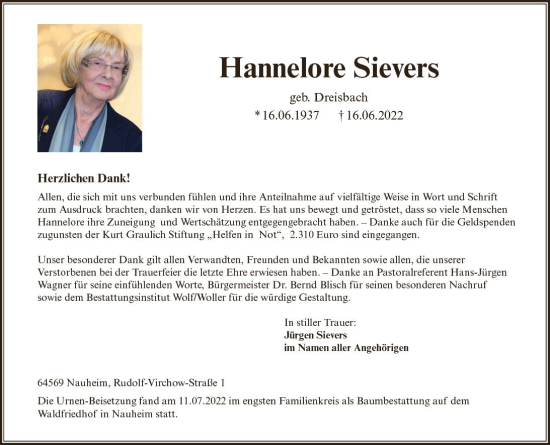 Traueranzeige von Hannelore Sievers von vrm-trauer Rüsselsheimer Echo / MainSpitze