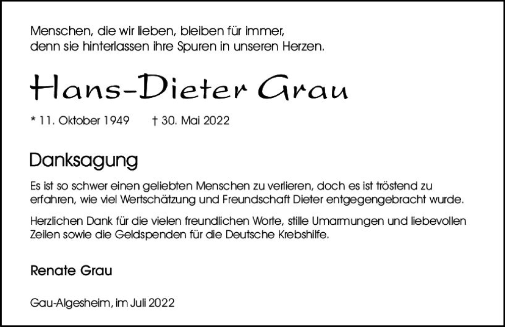  Traueranzeige für Hans-Dieter Grau vom 02.07.2022 aus vrm-trauer Allgemeine  Zeitung Ingelheim-Bingen