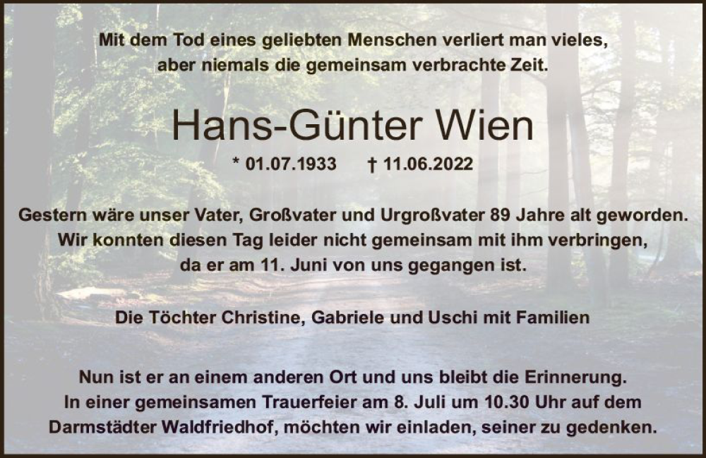  Traueranzeige für Hans-Günter Wien vom 02.07.2022 aus vrm-trauer Bergsträßer Anzeiger