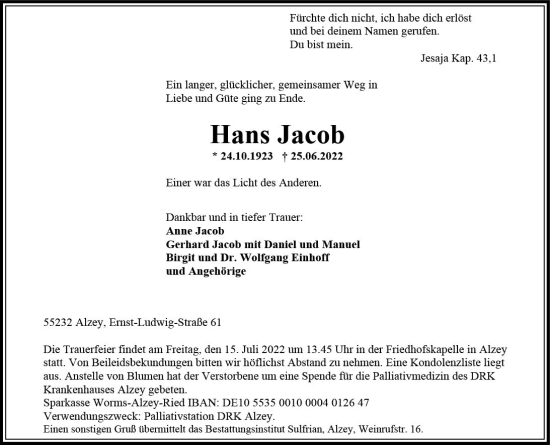 Traueranzeige von Hans Jacob von vrm-trauer Allgemeine Zeitung Alzey