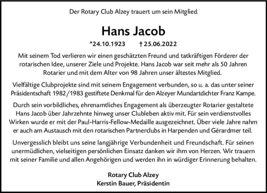 Traueranzeige von Hans Jacob von vrm-trauer Allgemeine Zeitung Alzey