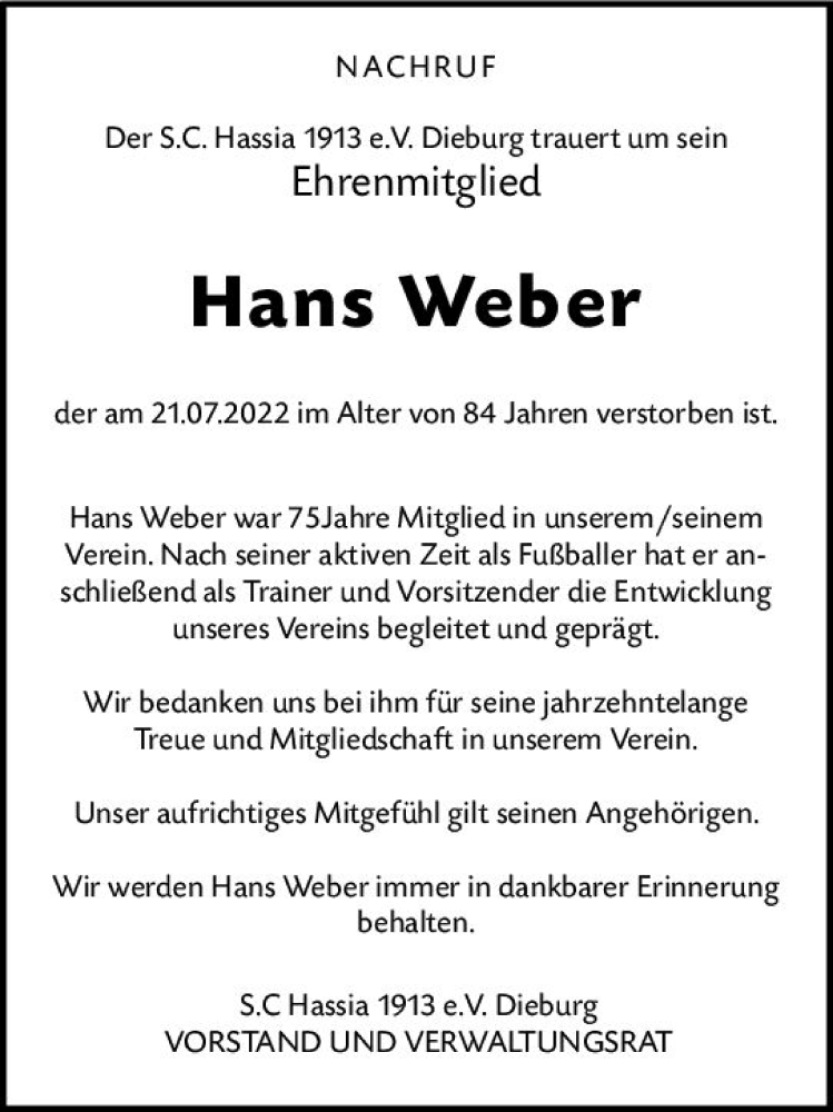  Traueranzeige für Hans Weber vom 26.07.2022 aus vrm-trauer DieburgerAnzeiger/Groß-Zimmerner Lokala