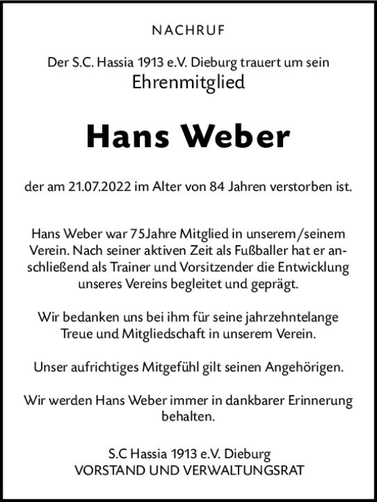 Traueranzeige von Hans Weber von vrm-trauer DieburgerAnzeiger/Groß-Zimmerner Lokala