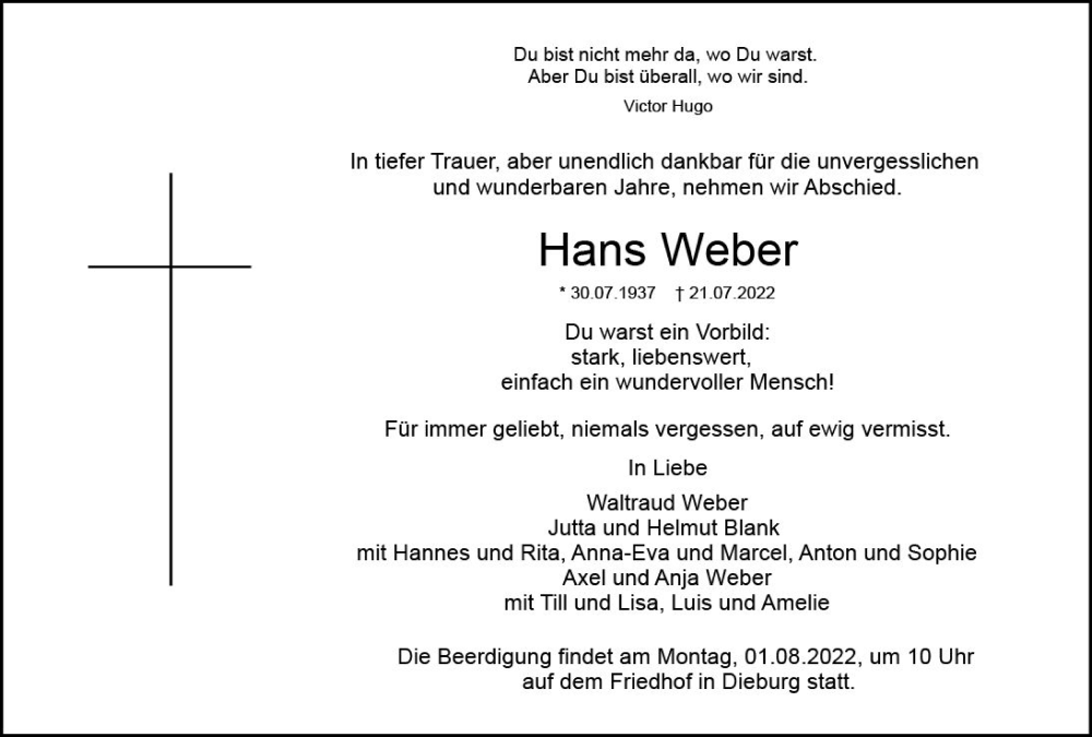 Traueranzeige für Hans Weber vom 30.07.2022 aus vrm-trauer DieburgerAnzeiger/Groß-Zimmerner Lokala