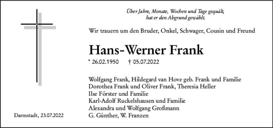 Traueranzeige von Hans-Werner Frank von vrm-trauer Darmstädter Echo