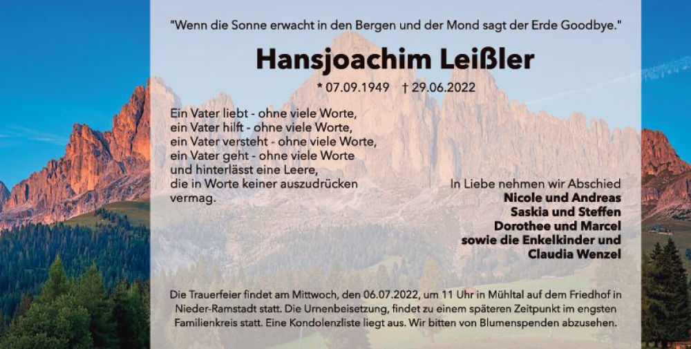  Traueranzeige für Hansjoachim Leißler vom 02.07.2022 aus vrm-trauer Darmstädter Echo