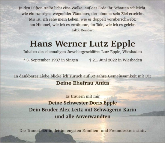 Traueranzeige von Hans Werner Lutz Epple von vrm-trauer Wiesbadener Kurier