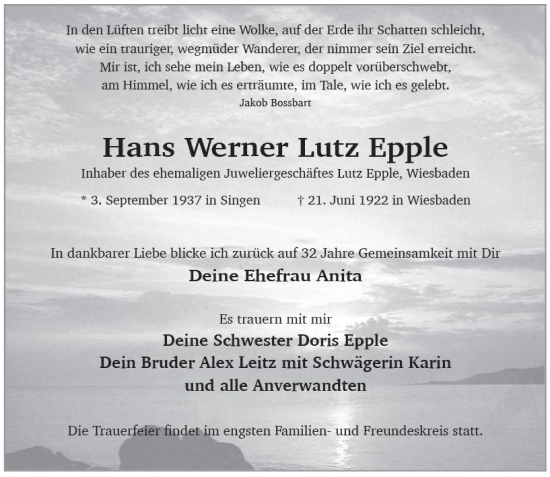 Traueranzeige von Hans Werner Lutz Epple von vrm-trauer Wiesbadener Kurier