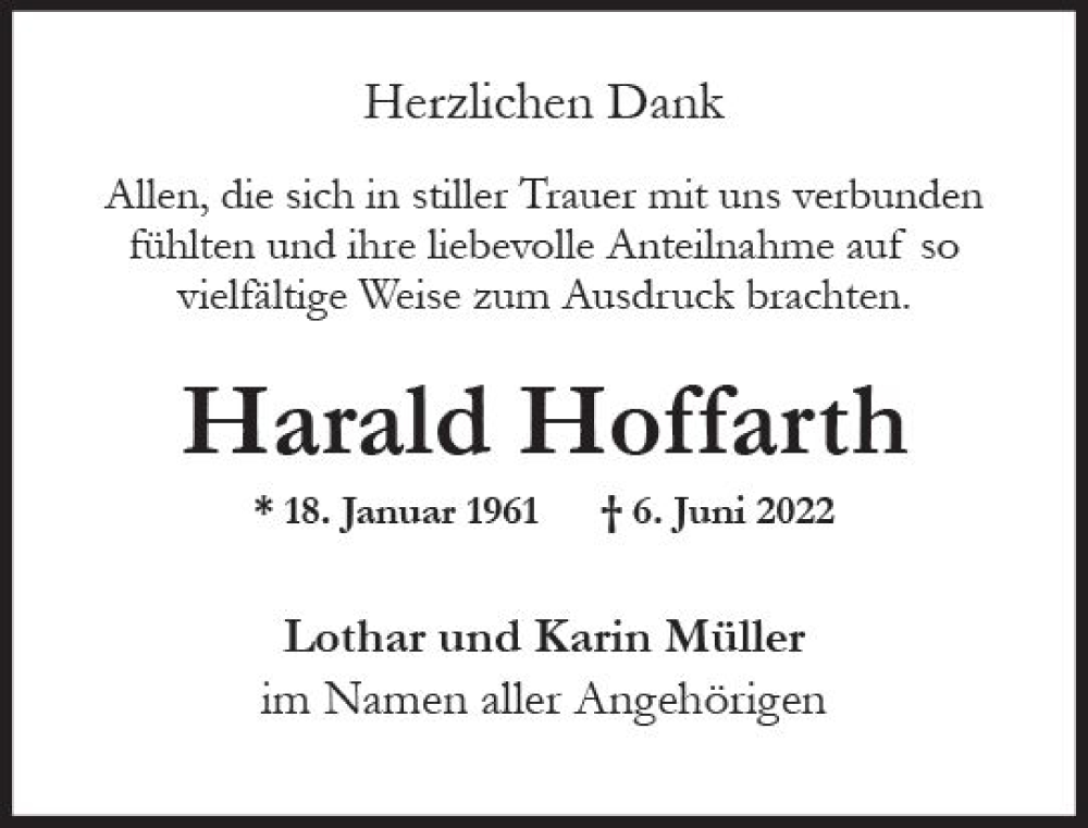  Traueranzeige für Harald Hoffarth vom 23.07.2022 aus vrm-trauer Wiesbadener Kurier