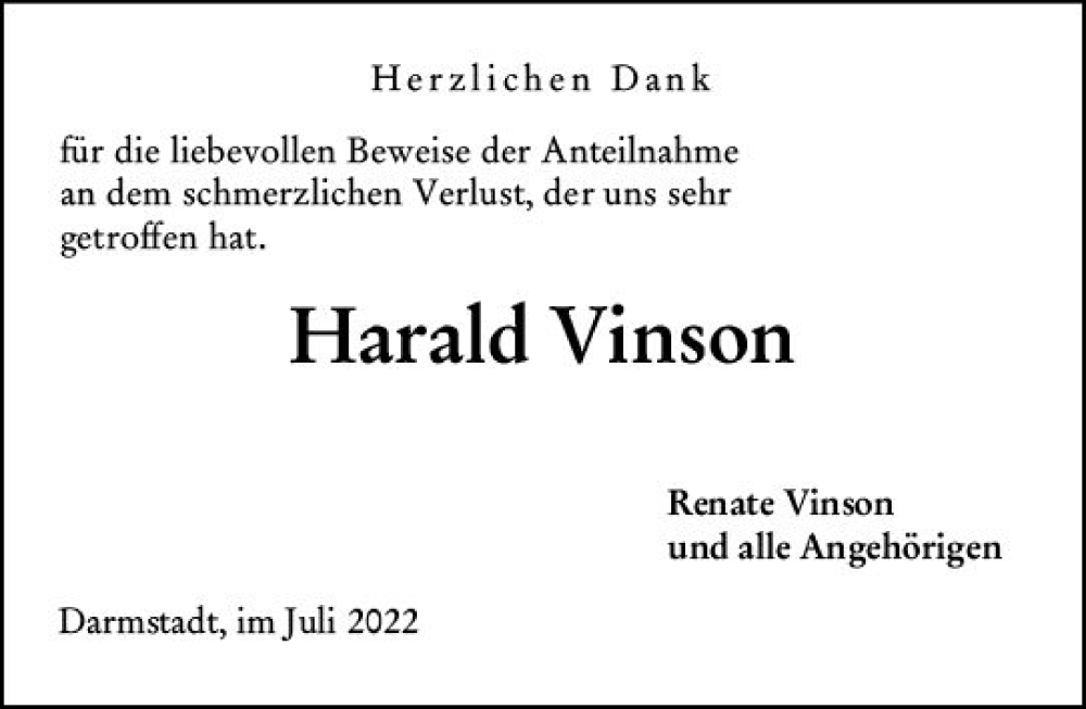  Traueranzeige für Harald Vinson vom 16.07.2022 aus vrm-trauer Darmstädter Echo