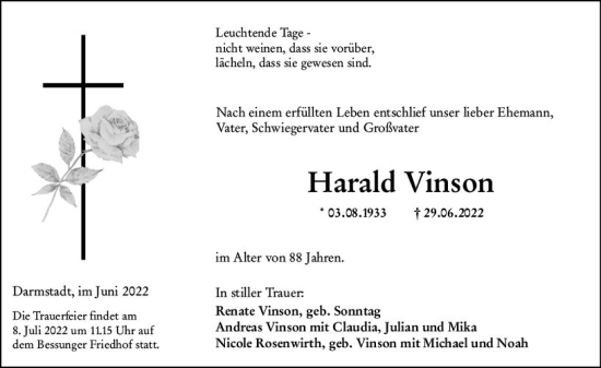 Traueranzeige von Harald Vinson von vrm-trauer Darmstädter Echo