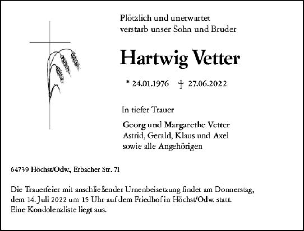  Traueranzeige für Hartwig Vetter vom 02.07.2022 aus vrm-trauer Odenwälder Echo