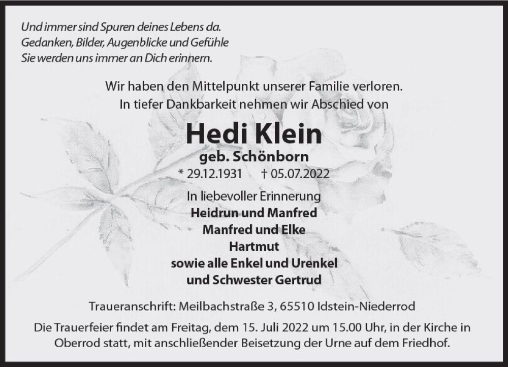  Traueranzeige für Hedi Klein vom 09.07.2022 aus vrm-trauer Idsteiner Zeitung