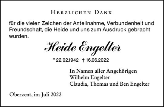 Traueranzeige von Heide Engelter von vrm-trauer Odenwälder Echo