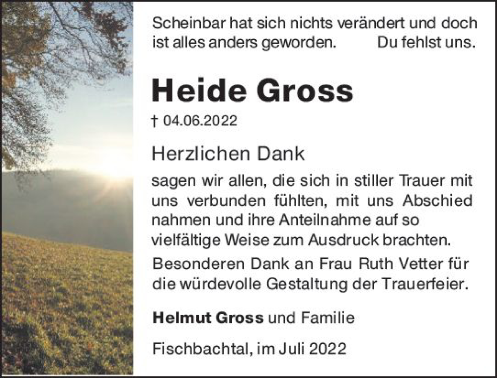  Traueranzeige für Heide Gross vom 09.07.2022 aus vrm-trauer Darmstädter Echo
