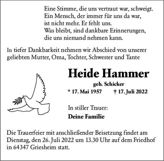Traueranzeige von Heide Hammer von vrm-trauer Darmstädter Echo